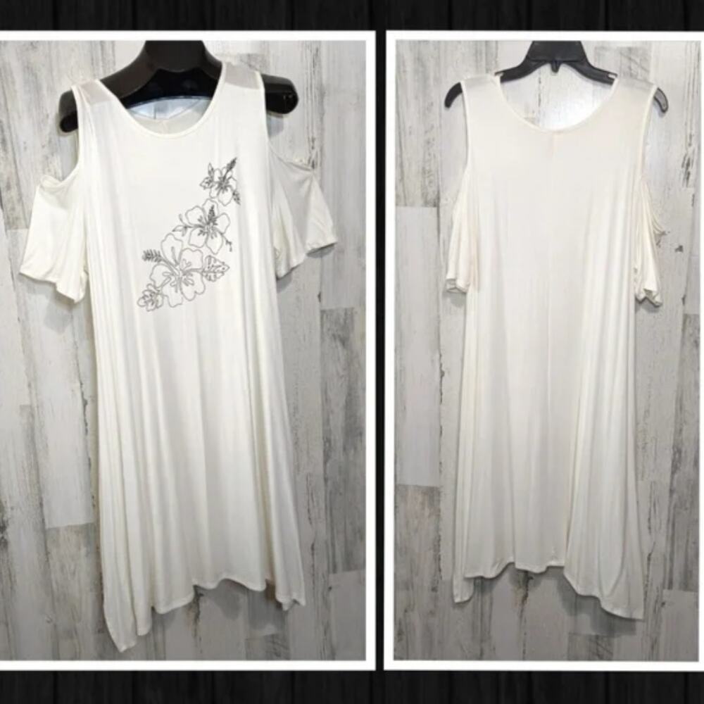 J MODE White Black Floral Cold Shoulder Dress or Swim Cover Plus Size 2X NEW - Picture 3 of 10